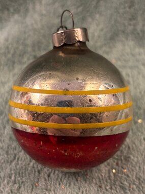 Vintage Made in USA Glass Christmas Ornament Yellow Stripe Red Bottom Mercury Gl